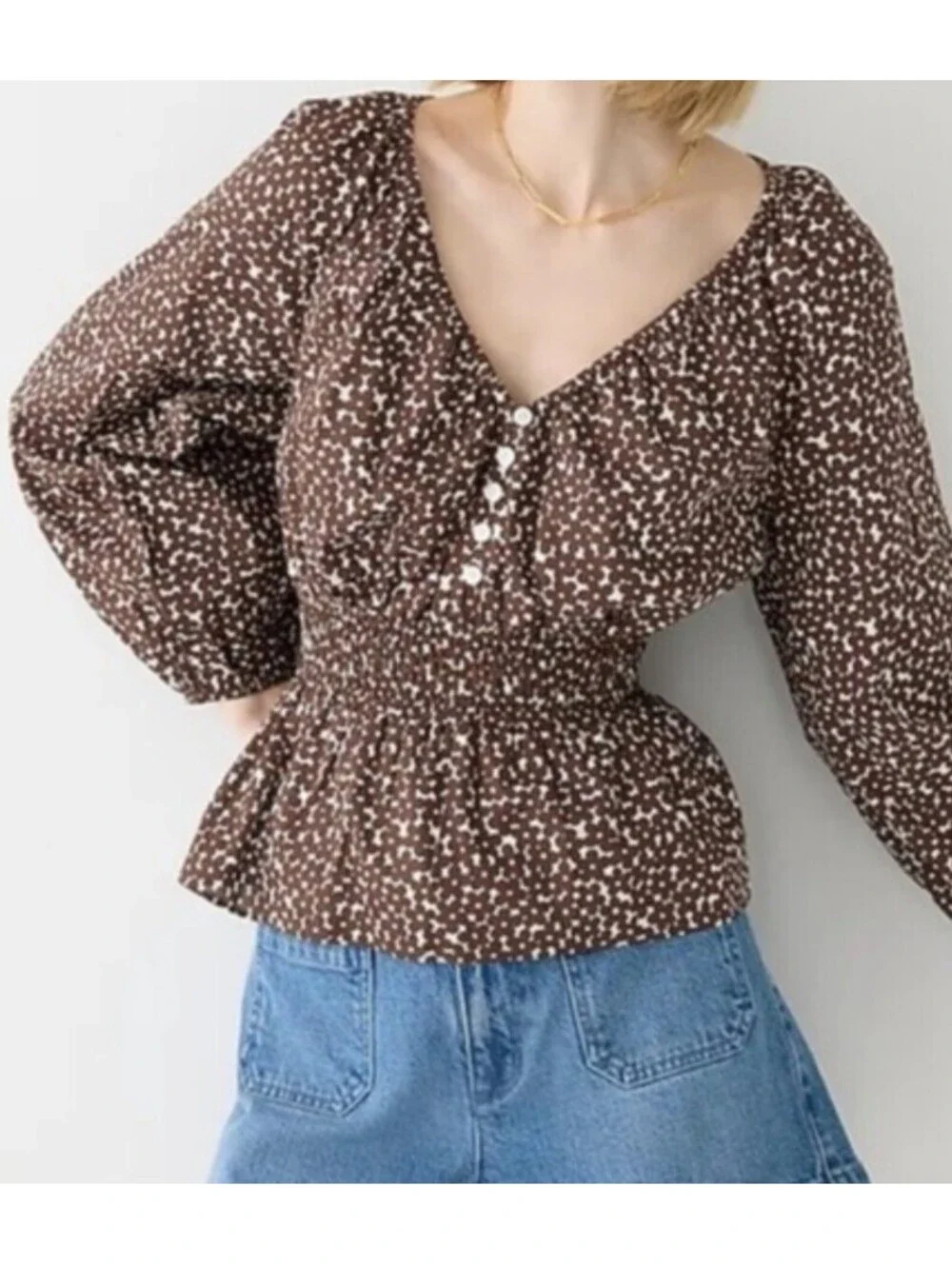 J CREW brown cream floral long sleeve blouse sz S
